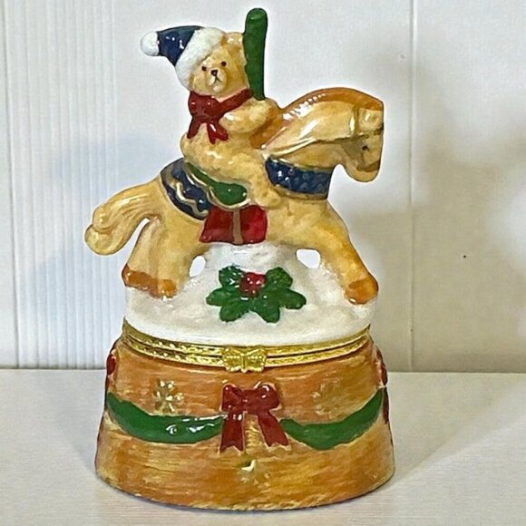 Vintage Other - Vintage Hand Painted Trinket Box Hinged Christmas Santa Bear Carousel Horse 1990